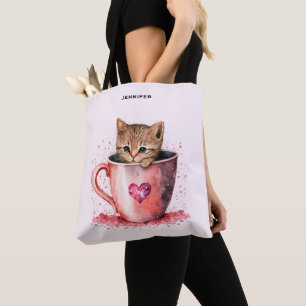 Tote Bag Cute Kitten dans un Teacup avec les coeurs