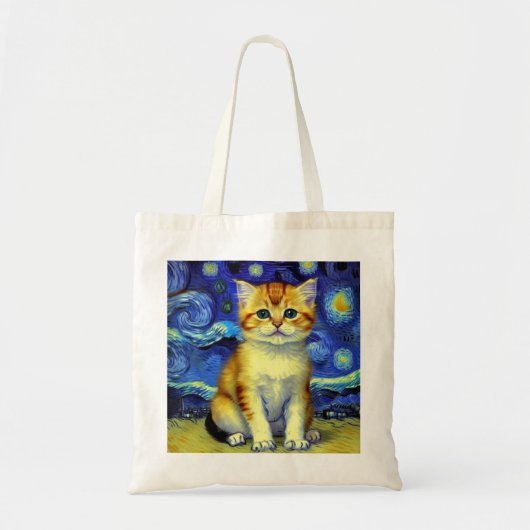 Tote Bag Cute Kitten Starry Night Van Gogh (Devant)