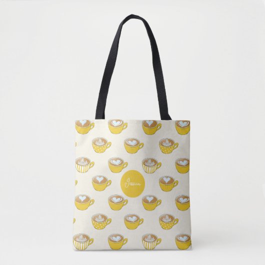 Tote Bag Cute Latte Art en Motif de tasses de café jaune (Devant)