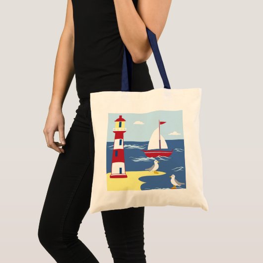 Tote Bag Cute Lighthouse and Boat Seaside Art (Devant (produit))