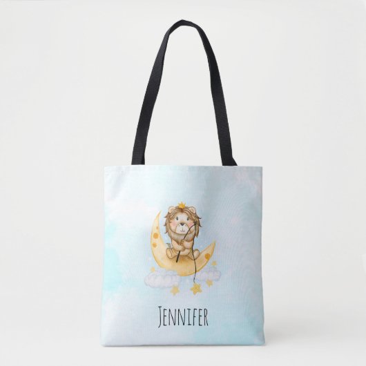 Tote Bag Cute Lion Pêche sur l'aquarelle de la lune (Devant)