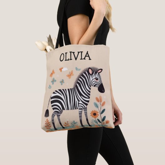 Tote Bag Cute Little Zebra avec Fleurs et Papillons (De près)