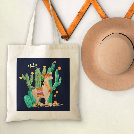 Tote Bag Cute Llama dans le Jardin de Cactus avec Fleurs Ja