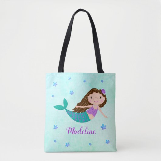 Tote Bag Cute Mermaid Purple Glitter (Devant)