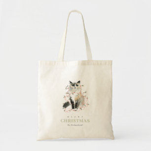Tote Bag Cute moderne aquarelle Meowy Noël Light Chat