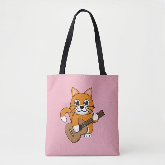Tote Bag Cute Orange Chat Blanc Jouer Caricature Guitare (Devant)