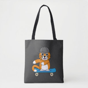 Tote Bag Cute Orange Chat sur Skateboard Cartoon
