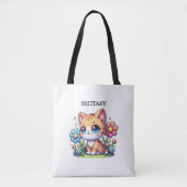 Tote Bag Cute Orange Kitty Chat en Fleurs Personnalisé (Devant)