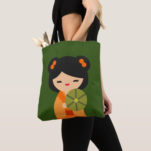 Tote Bag Cute orange Kokeshi poupées japonaises (De près)