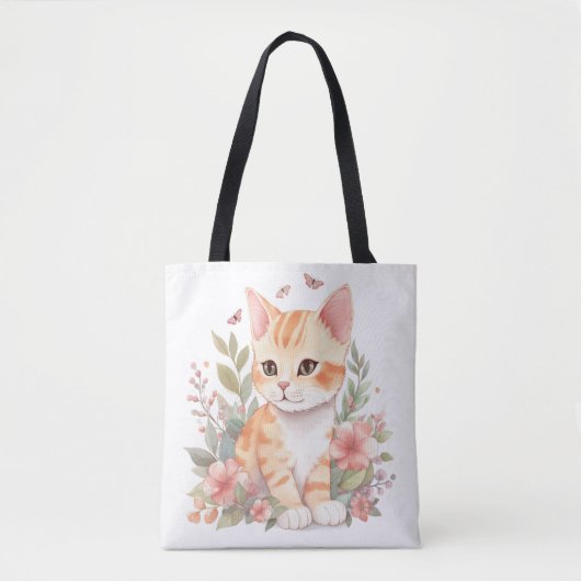 Tote Bag Cute orange Tabby Kitten avec Fleurs Aquarelle (Devant)