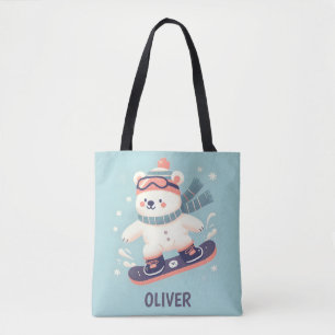 Tote Bag Cute Ours polaire sur un snowboard personnalisé