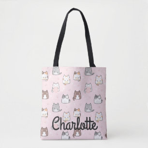 Tote Bag Cute Pastel Pink Kawaii Chats Éclatez Votre Nom 