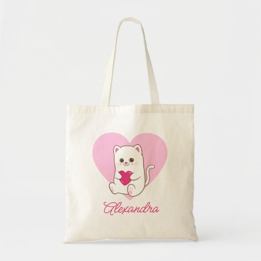Tote Bag Cute personnalisée Kawaii Coeur rose Chat Amour (Devant)