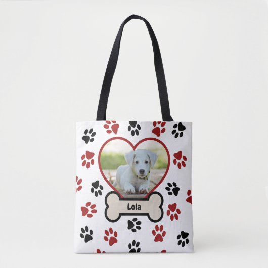 Tote Bag Cute Pet Chien Photo Coeur Red & Black Paws Motif (Devant)