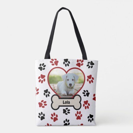 Tote Bag Cute Pet Chien Photo Coeur Red & Black Paws Motif (Dos)