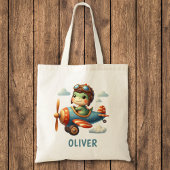 Tote Bag Cute Pilote Trex Dinosaur Voler un avion bleu