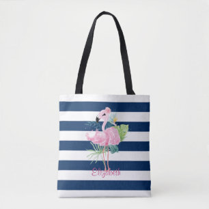 Tote Bag Cute Pink Flamingos Tropical Leaf, Striped