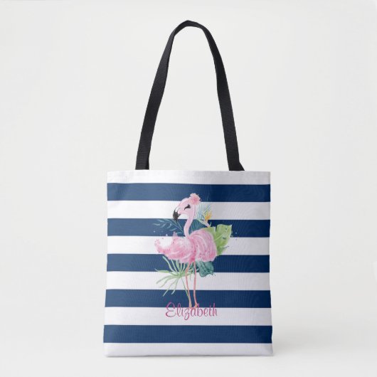 Tote Bag Cute Pink Flamingos Tropical Leaf, Striped (Devant)
