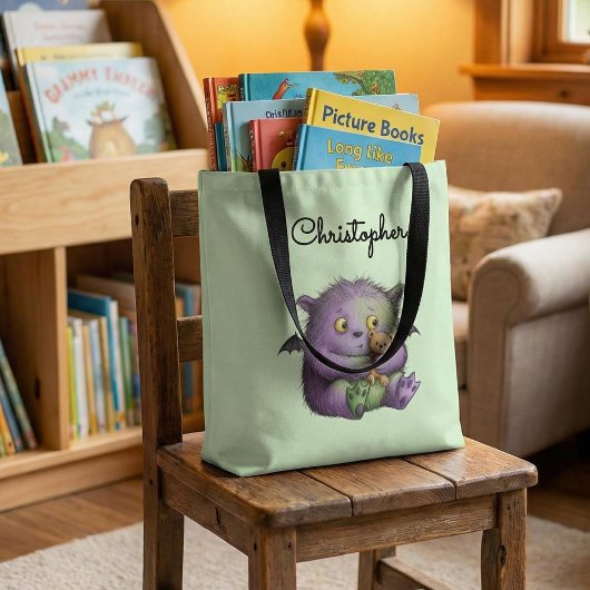 Tote Bag Cute Purple Green Fluffy Monster Buddy
