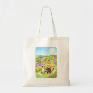 Tote Bag Cute Raccoon & Red Panda Flower Fields