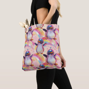 Tote Bag Cute Rainbow Penguins et Stars Motif
