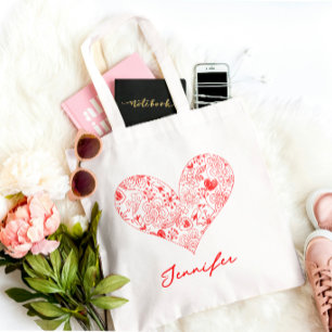 Tote Bag Cute Red Valentine's Day Floral Heart Nom personna