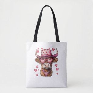 Tote Bag Cute Retro Highland Vache Cowboy Casquette Coeur V