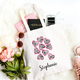 Tote Bag Cute rose et noir Zebra Stripes Chic Fun Name