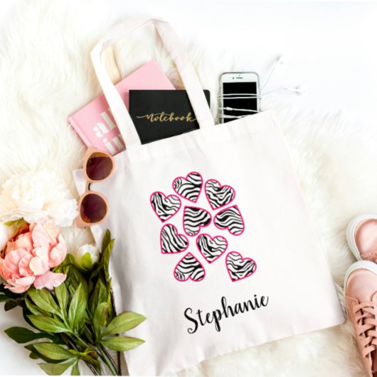 Tote Bag Cute rose et noir Zebra Stripes Chic Fun Name