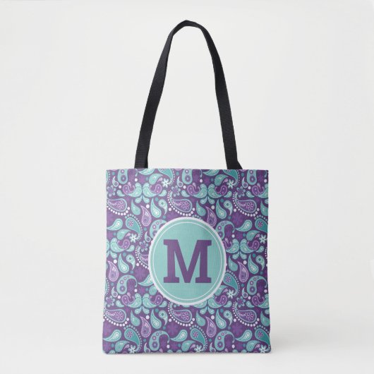 Tote Bag Cute Shabby Chic Purple et bleu Paisley Monogramme (Devant)