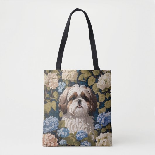 Tote Bag Cute Shih Tzu Chiot Blue hydrangea fleurs (Devant)