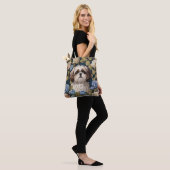 Tote Bag Cute Shih Tzu Chiot Blue hydrangea fleurs (Sur le modèle)