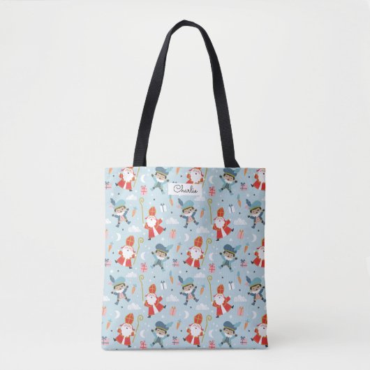 Tote Bag Cute Sinterklaas et Piet Motif sur Blue (Devant)