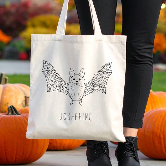 Tote Bag Cute Smiling Bat Line Art Avec Le Nom Halloween