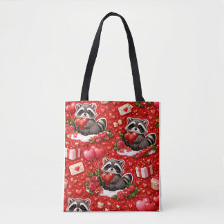 Tote Bag Cute Valentine Raccoon Pattern Red Hearts & Roses