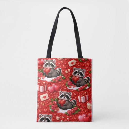 Tote Bag Cute Valentine Raccoon Pattern Red Hearts & Roses (Devant)