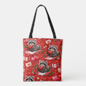 Tote Bag Cute Valentine Raccoon Pattern Red Hearts & Roses (Dos)