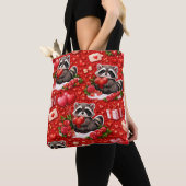 Tote Bag Cute Valentine Raccoon Pattern Red Hearts & Roses (De près)