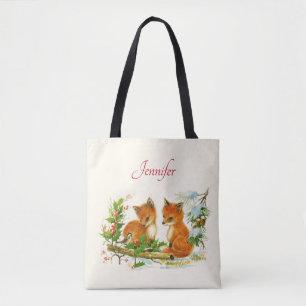 Tote Bag Cute Vintage Foxes Retro Christmas Scene