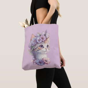 Tote Bag Cute Violet Aquarelle Chat avec Flore