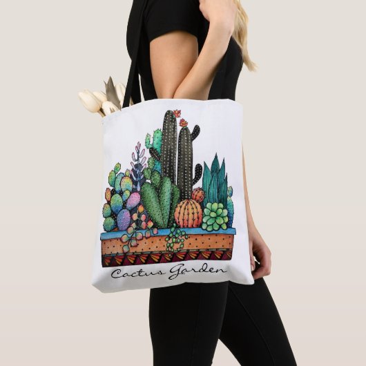 Tote Bag Cute Watercolor Cactus Garden (De près)