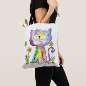 Tote Bag Cute Whimsical Happy Chat avec Fleur Jaune (De près)