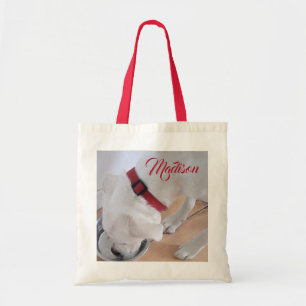 Tote Bag Cute White Chien Boire Eau Nom Personnalisé Rouge
