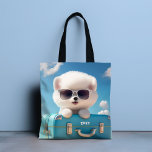 Tote Bag Cute White Dog Travel Suitcase Nom personnalisé<br><div class="desc">Cute White Dog Travel Suitcase Nom personnalisé Sac fourre-tout dispose d'un mignon chien chiot blanc portant des lunettes de soleil sur une valise rétro prêt à voyager avec votre nom personnalisé dans la typographie de script de calligraphie blanche moderne. Un cadeau parfait pour les filles pour l'anniversaire, Noël et les...</div>