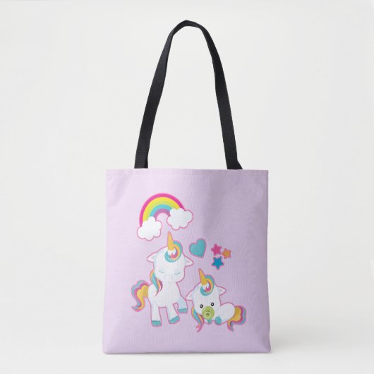 Tote Bag Cute White Magical Unicorns Maman & Baby (Devant)