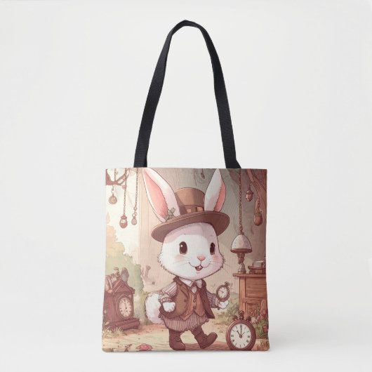 Tote Bag Cute White Rabbit Wonderland Whimsical Timekeeper (Devant)