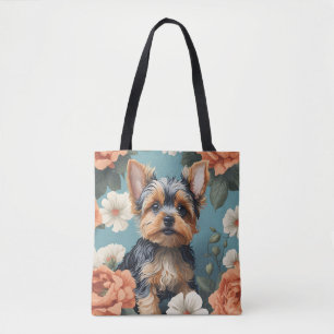 Tote Bag Cute Yorkshire Terrier Puppy Floral