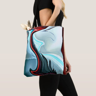Tote Bag Cyan et rouge zigzaguant sur blanc ondulé