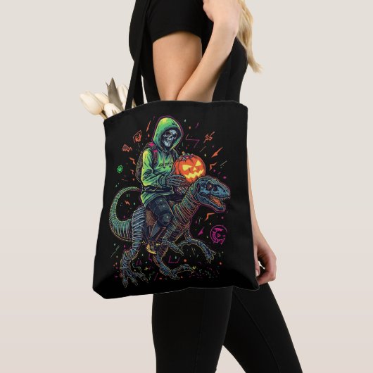 Tote Bag Cyber Neon Skeleton équitation Robo Dino - Hallowe (De près)