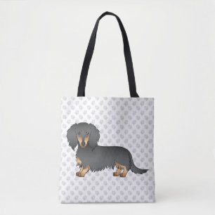 Tote Bag Dachshund à poil long noir et feu en dessin animé